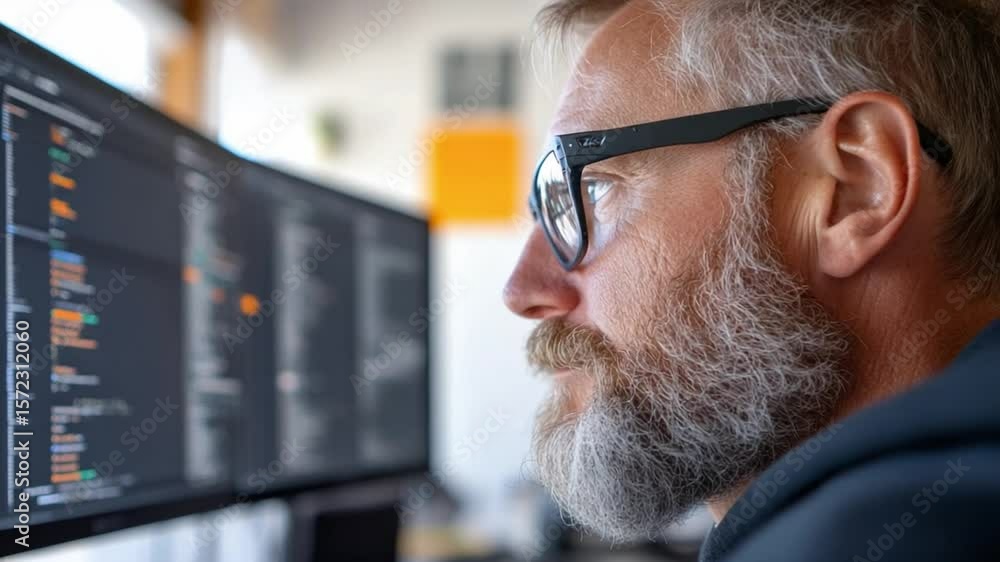 Poster focused programmer: a mature programmer with a beard and glasses intently studies lines of code on a