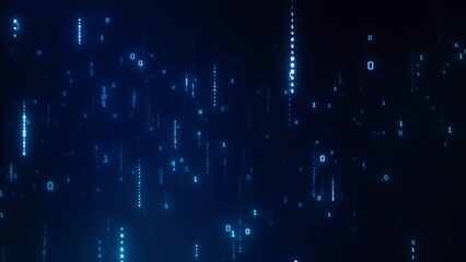 Blue Digital Binary Code Rain on Dark Background Design Concept