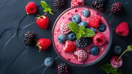 Healthy vegan overnight oats topped with fresh blueberries, raspberries, and mint leaves, top view