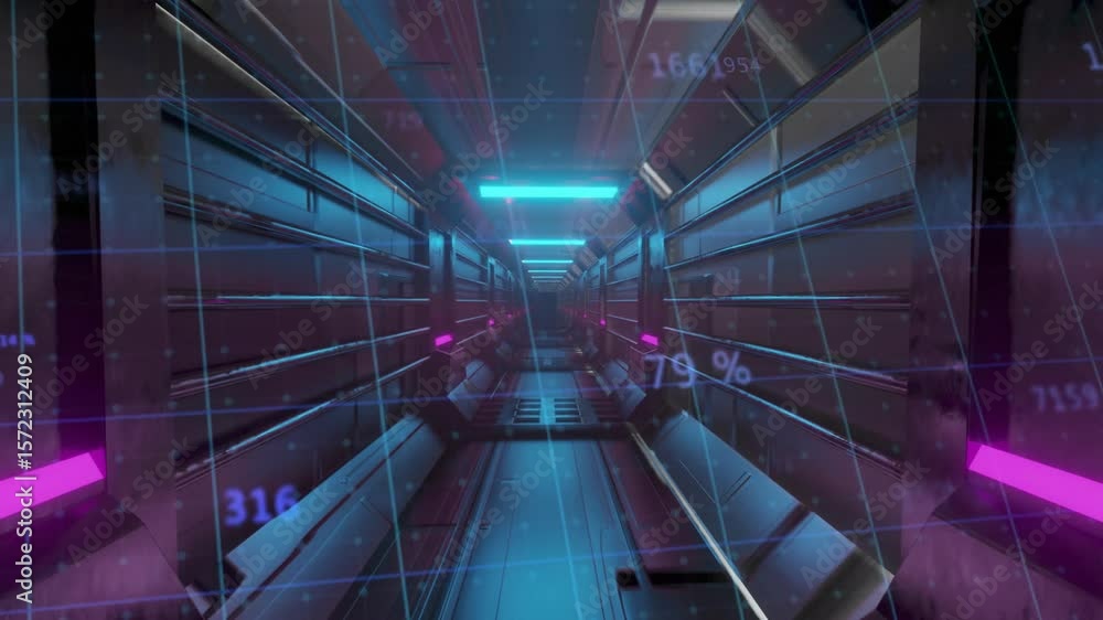 Poster grid overlay appearing triggers camera gliding through metallic corridor with data showing status