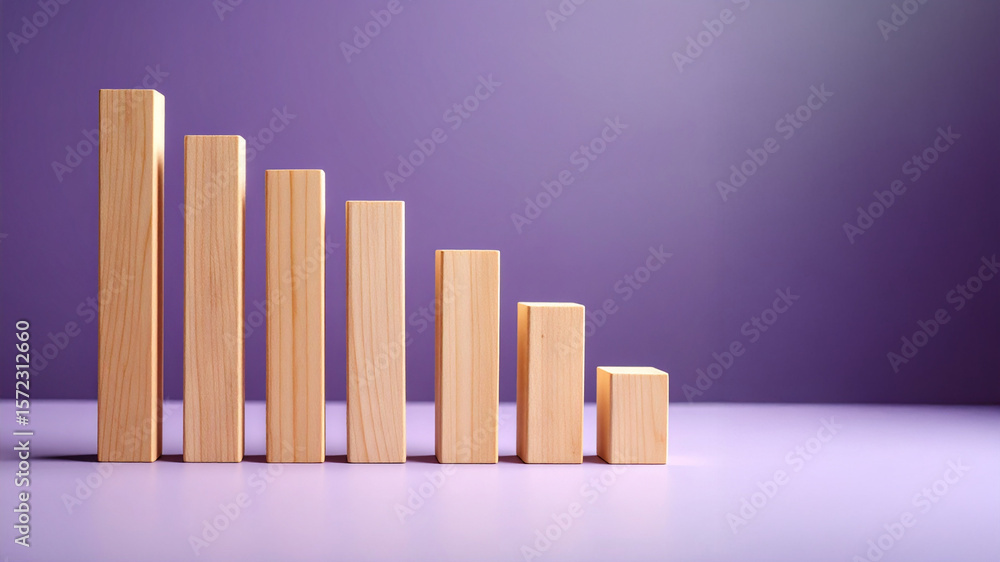 Aufkleber six natural wooden blocks are arranged in a descending bar graph pattern on a soft purple background