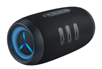 Close up of a black and blue portable speaker with mesh and button details shown