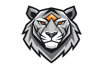 Angry tiger with visible fangs and bright orange eyes stares intently on a white backdrop