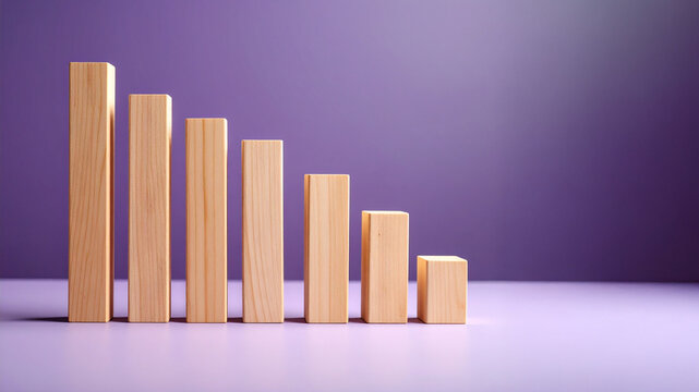 Six natural wooden blocks are arranged in a descending bar graph pattern on a soft purple background, visually representing a decline, negative trend, or economic downturn.
