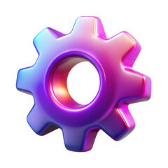 A vibrant, 3drendered gear icon with a gradient of purple and pink isolated on transparent background
