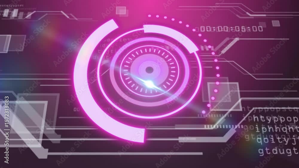 Poster dark magenta hud opening with rotating pointer, expanding arcs, sweeping flares and monitoring data