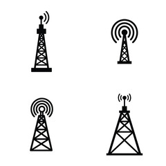Black Communication Tower Icon with Signal Waves Broadcasting, Isolated on White Background.