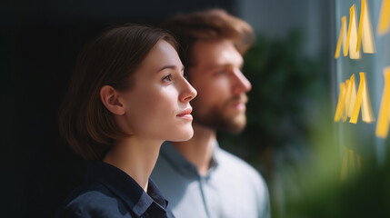 A pensive young woman and a blurred man gaze attentively towards a bright area with yellow sticky notes, suggesting a focused team engaged in strategic planning or problem-solving.