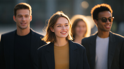 A diverse and smiling group of young professionals walks outdoors in warm sunlight, suggesting collaboration and a positive, bright future.