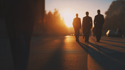 Silhouetted figures walk on a sun-drenched road at sunset or sunrise, casting long shadows. The warm, golden light creates a dramatic and hopeful atmosphere.