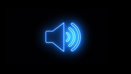 Glowing blue neon sound speaker icon black background.
