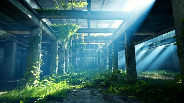 Abandoned warehouse overtaken by nature, with beams of light illuminating greenery and decay