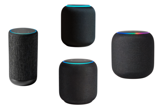 Four smart speakers in a dark setting with illuminated ring lights on top