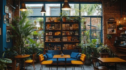 Cozy cafe interior with plants and bookshelves
