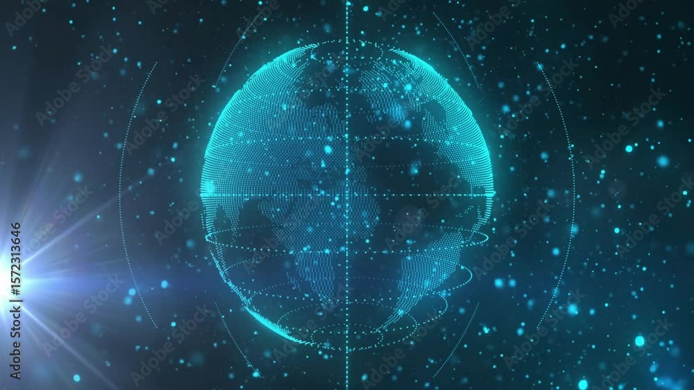 Poster faint teal grid forming sphere starting rotating globe drifting particles showing data network
