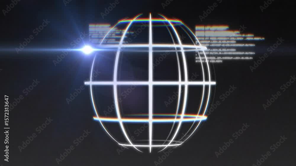 Poster wireframe sphere appearing in void loading code with lens flare sweeping highlighting data zones