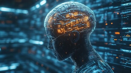 A hacker interfacing with a biomechanical brain implant to access encrypted data