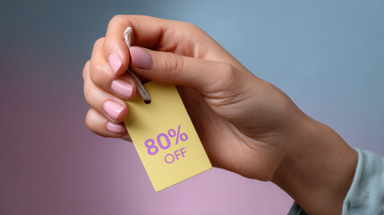 Hand Holding Yellow Sale Tag with 80 Percent Discount Text Against Soft Gradient Background for Promotional Advertising and Marketing Themes