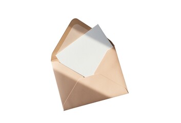 A beige envelope with a white card sticking out against a white background
