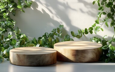 Two wooden display platforms with climbing green foliage against