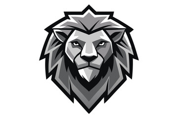 Fierce grayscale lion head displays a powerful symmetrical presentation on a white backdrop