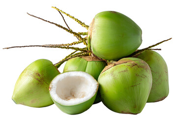 Fresh Coconuts with One Halved, Perfect for Tropical-Themed Designs