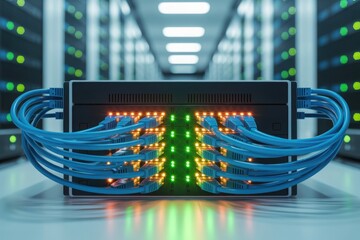 Network Infrastructure with Cables and Ports in a Server Room Highlighting Data Centers and Technology Solutions