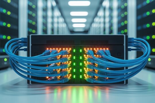 Network Infrastructure with Cables and Ports in a Server Room Highlighting Data Centers and Technology Solutions