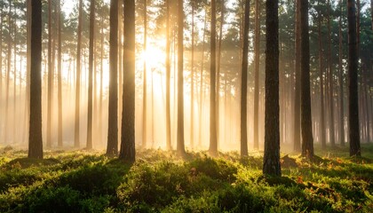 Golden sunlight streams through a misty pine forest