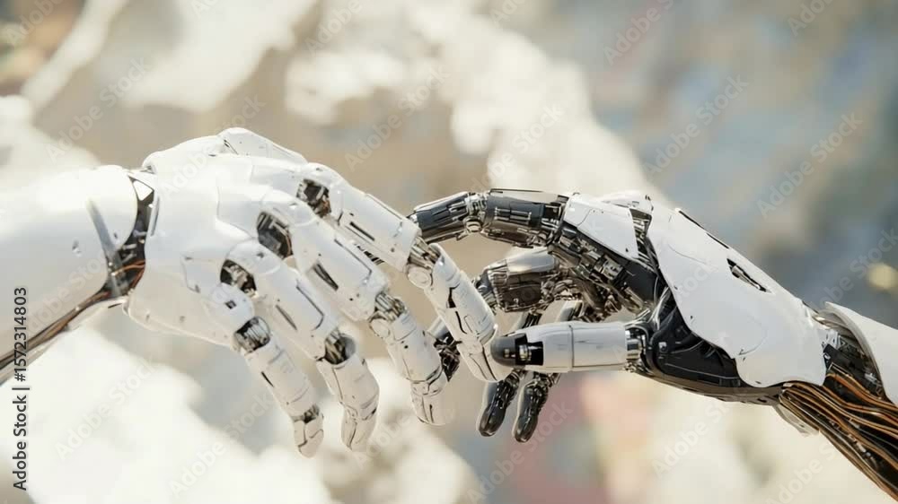 Poster technological embrace: a captivating image portraying two robotic hands in a tender touch, highlight