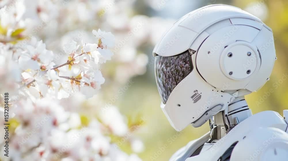 Poster robotic harmony: a futuristic white robot with intricate design interacts in gentle spring setting a