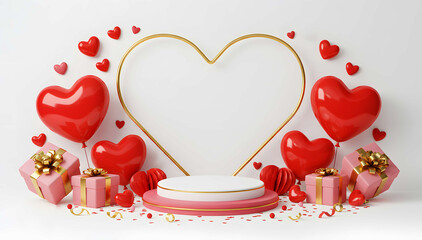 Romantic podium with pink hearts and gift decorations
