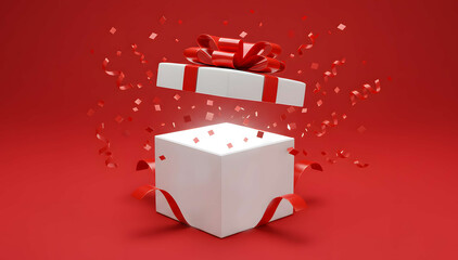 Exploding gift box on red festive background
