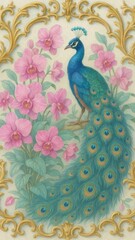 Elegant peacock amidst pink orchids.