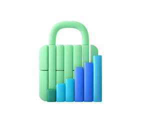 3D graphic portrays secure data growth with upward-trending blue bars against a playful light green lock symbol on a transparent background.