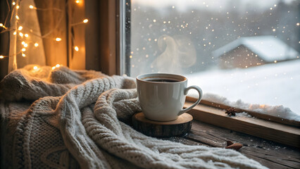 Cozy Winter Scene: A warm cup of coffee on a wooden coaster sits on a windowsill, next to a cozy knit throw as snow falls outside. Capturing the tranquility and warmth of winter.