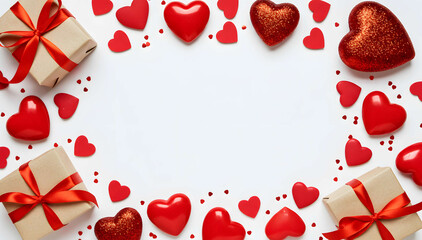 Love-filled frame with hearts and gift boxes