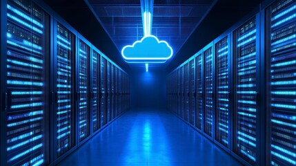 Illuminated server room with cloud computing symbol.