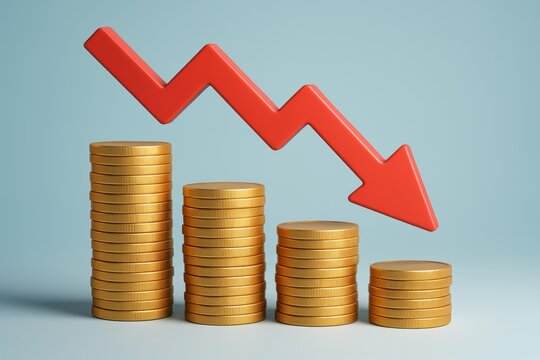 Decline and Fall: An image showcasing a red arrow pointing downwards, juxtaposed with diminishing stacks of golden coins, symbolizes a downturn or decrease.