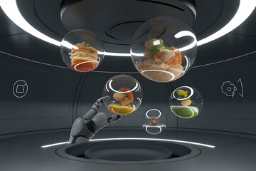 Robotic arm presenting spherical food containers in futuristic environment spheres