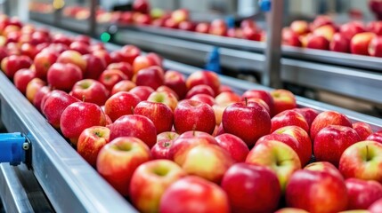 Automated apple sorting system with conveyor belts and sensors in clean fruit processing plant, food industry theme