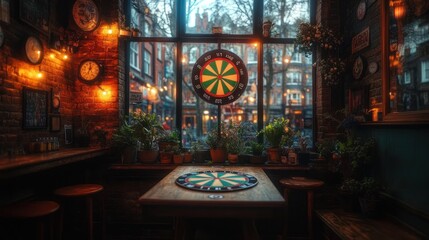Cozy pub interior with dartboard