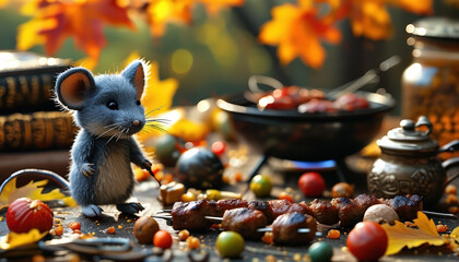 Toy mouse standing by grilled meat skewers on festive autumn table.  Whimsical feast