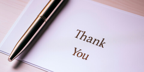 A close-up of a "Thank You" card for teachers, with a elegant pen resting on top, conveying gratitude and appreciation.