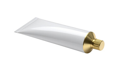 White cosmetic tube with gold cap isolated on transparent background