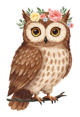 可愛いフクロウ 花冠 穏やか 水彩画風イラスト
