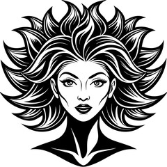Stylized Woman’s Face with Abstract Luxuriant Hair – Cosmetic Product Design Illustration

