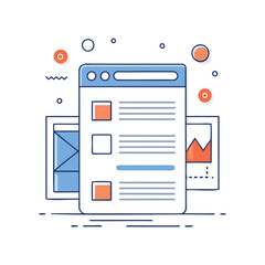 Flat design illustration of a web page layout with data charts and text blocks