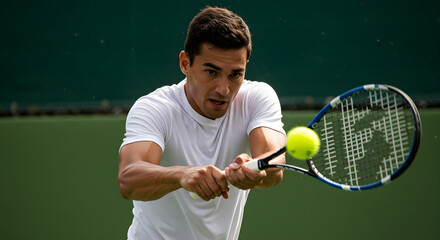 Tennis Player Hitting Ball with Racket