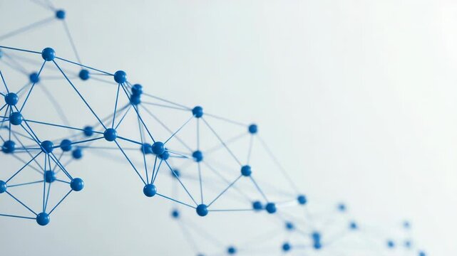 A blue network of connected nodes represents data and technological connection